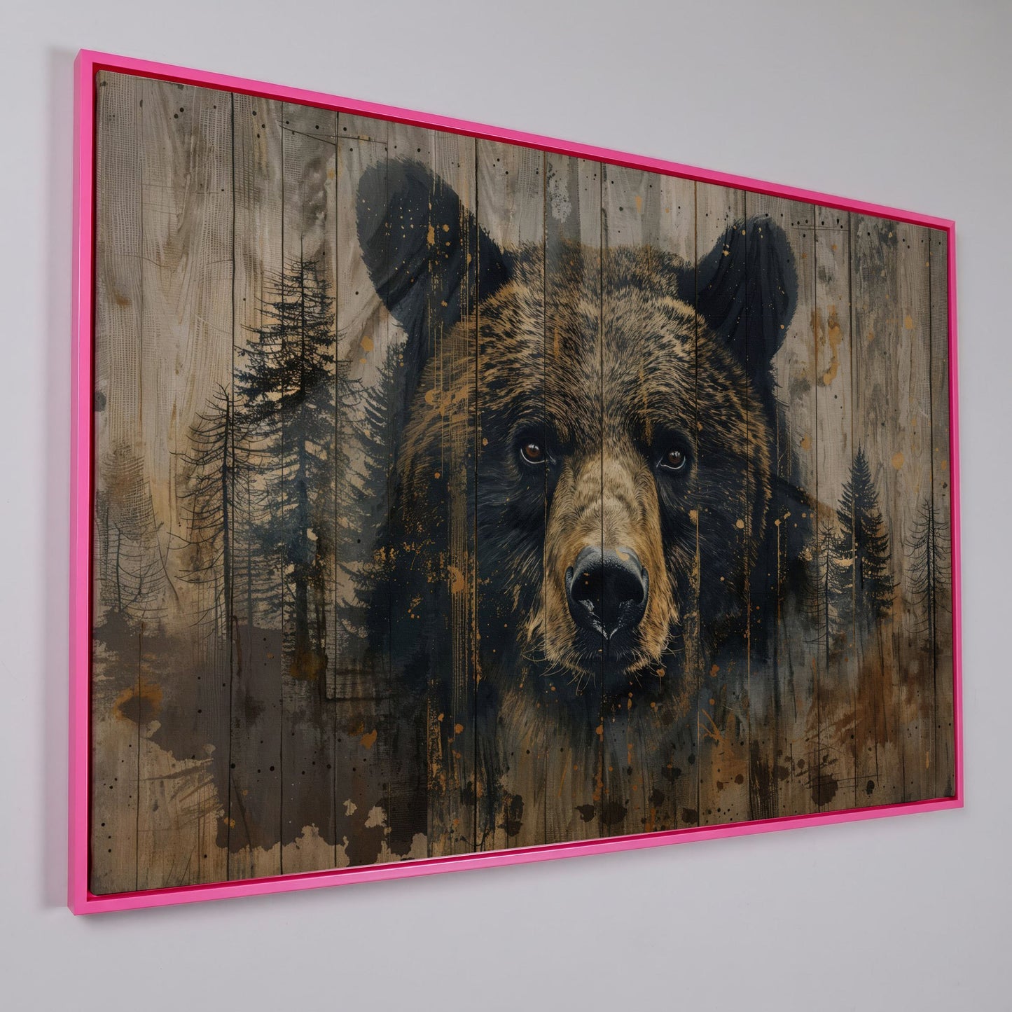 Forest Bear Portrait Canvas in pink floating frame