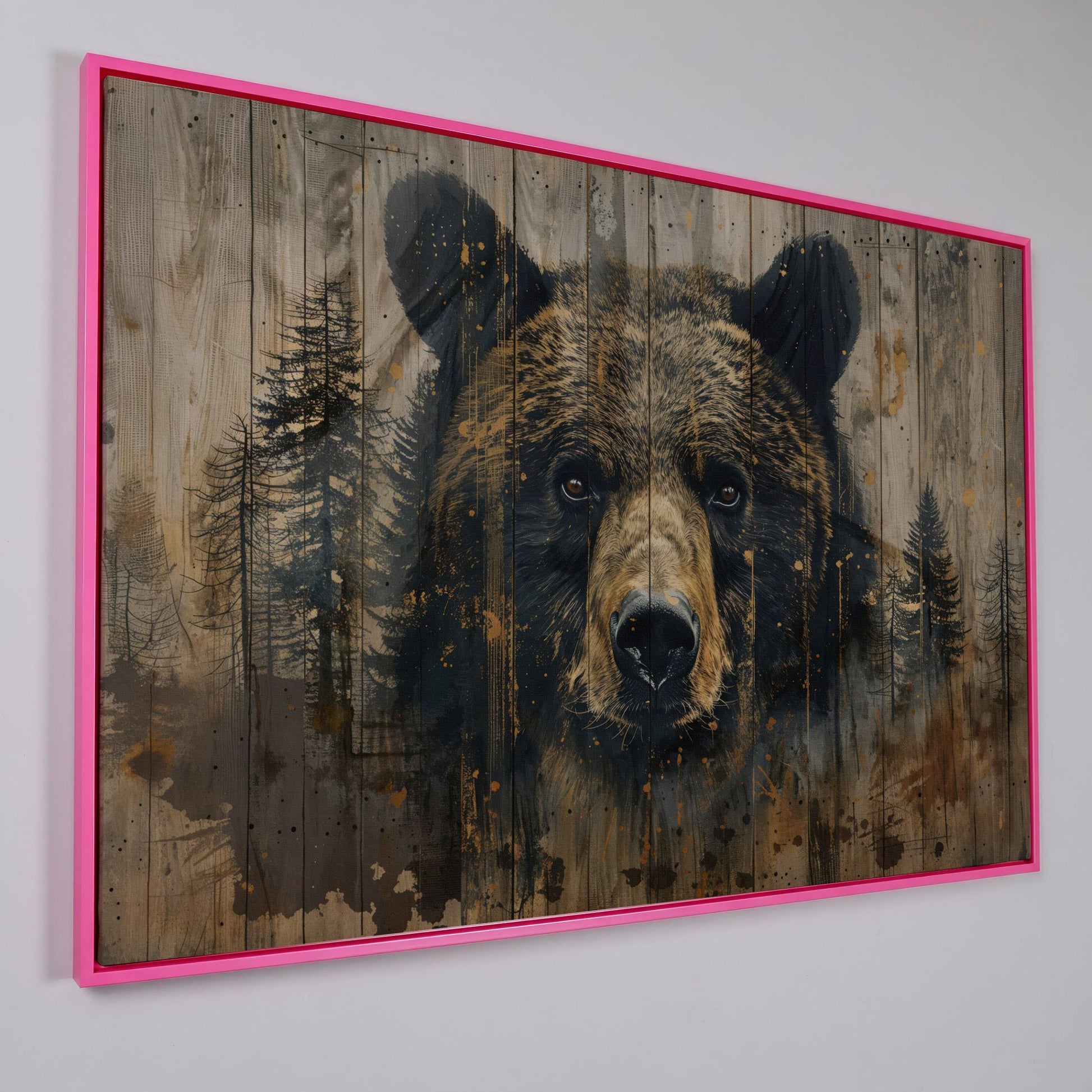 Forest Bear Portrait Canvas in pink floating frame