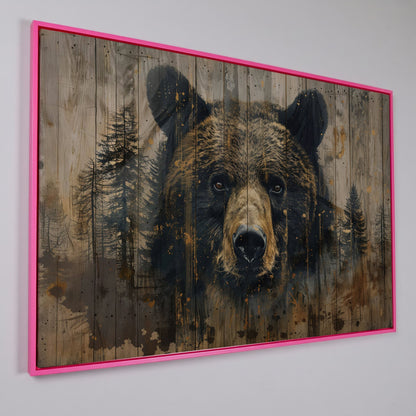 Forest Bear Portrait Canvas in pink floating frame