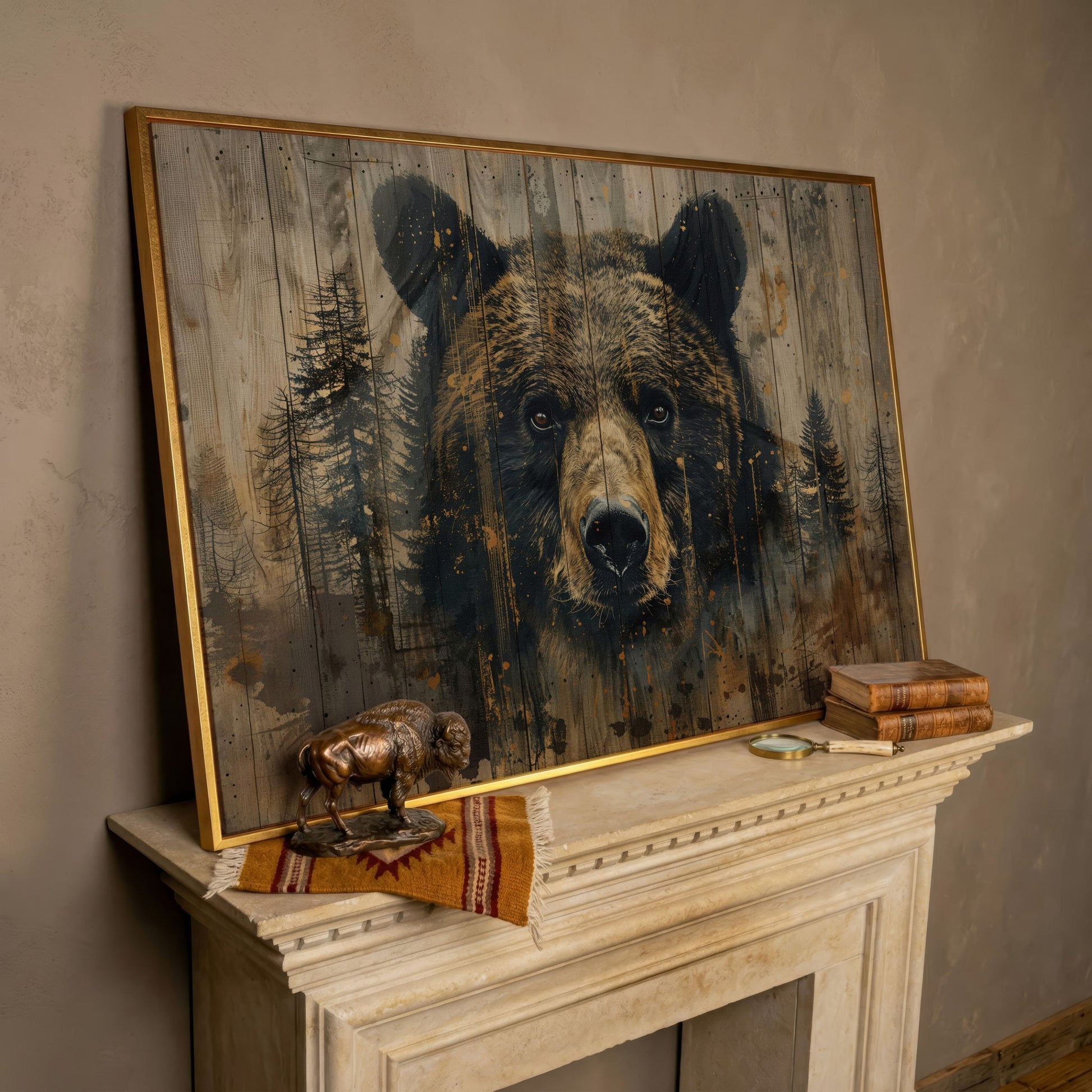 Forest Bear Portrait Canvas in rose gold floating frame