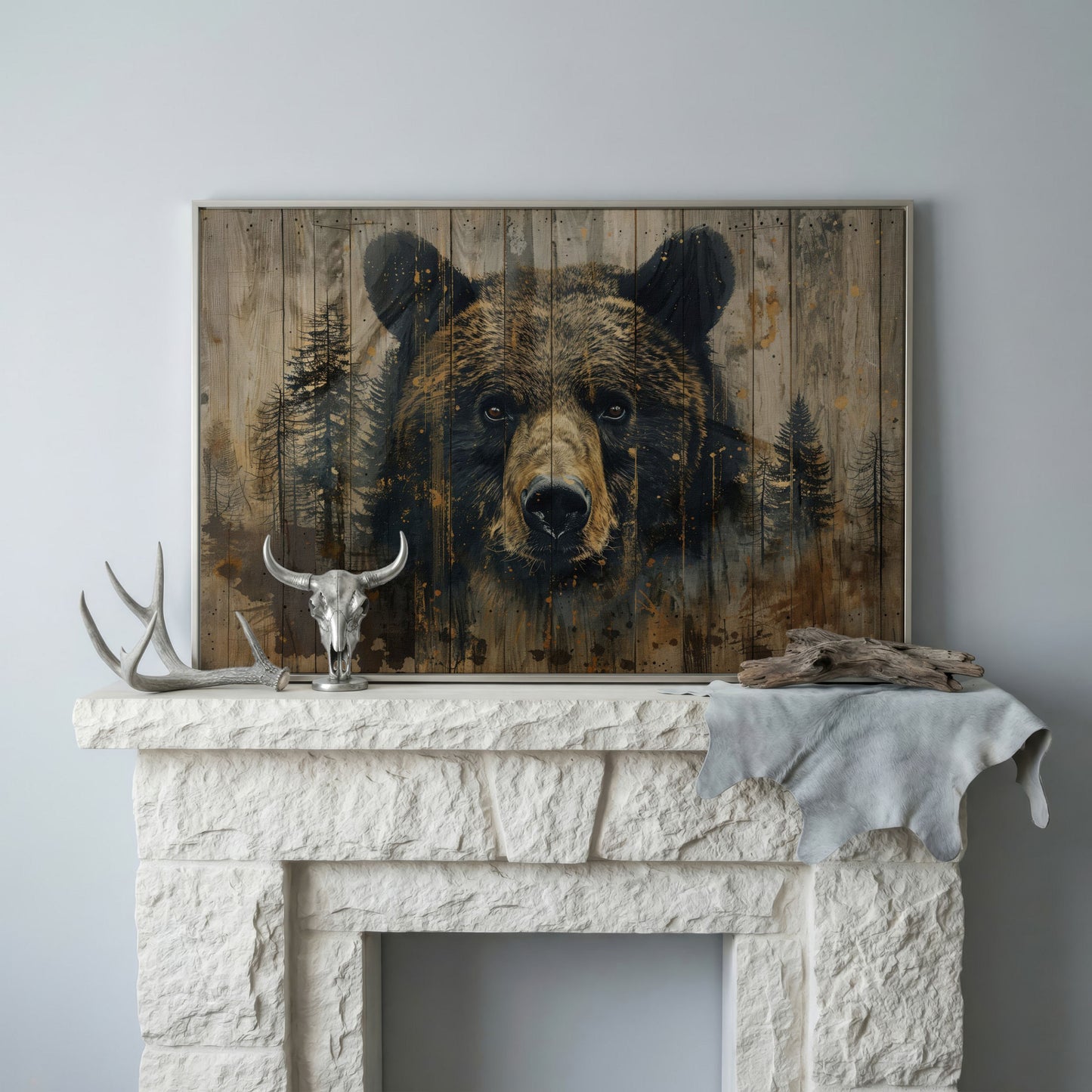 Forest Bear Portrait Canvas in silver floating frame
