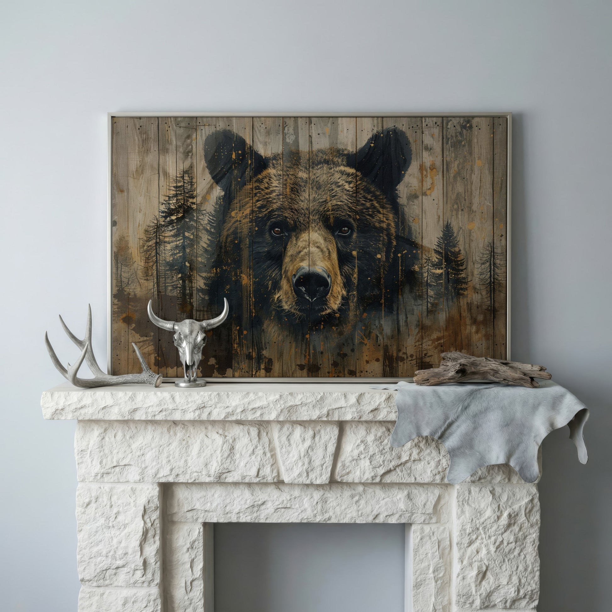 Forest Bear Portrait Canvas in silver floating frame