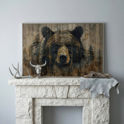 Forest Bear Portrait Canvas in silver floating frame