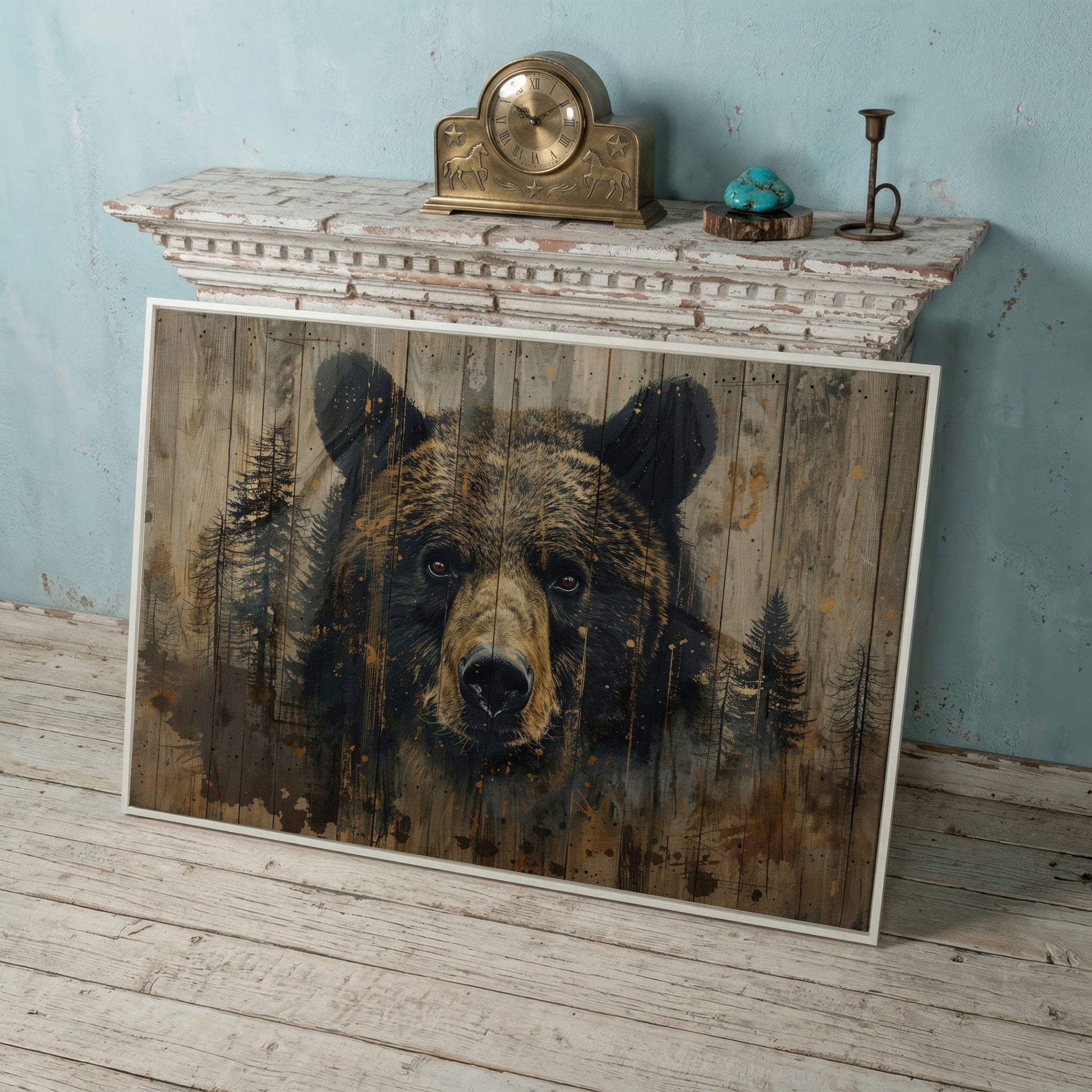 Forest Bear Portrait Canvas in white floating frame
