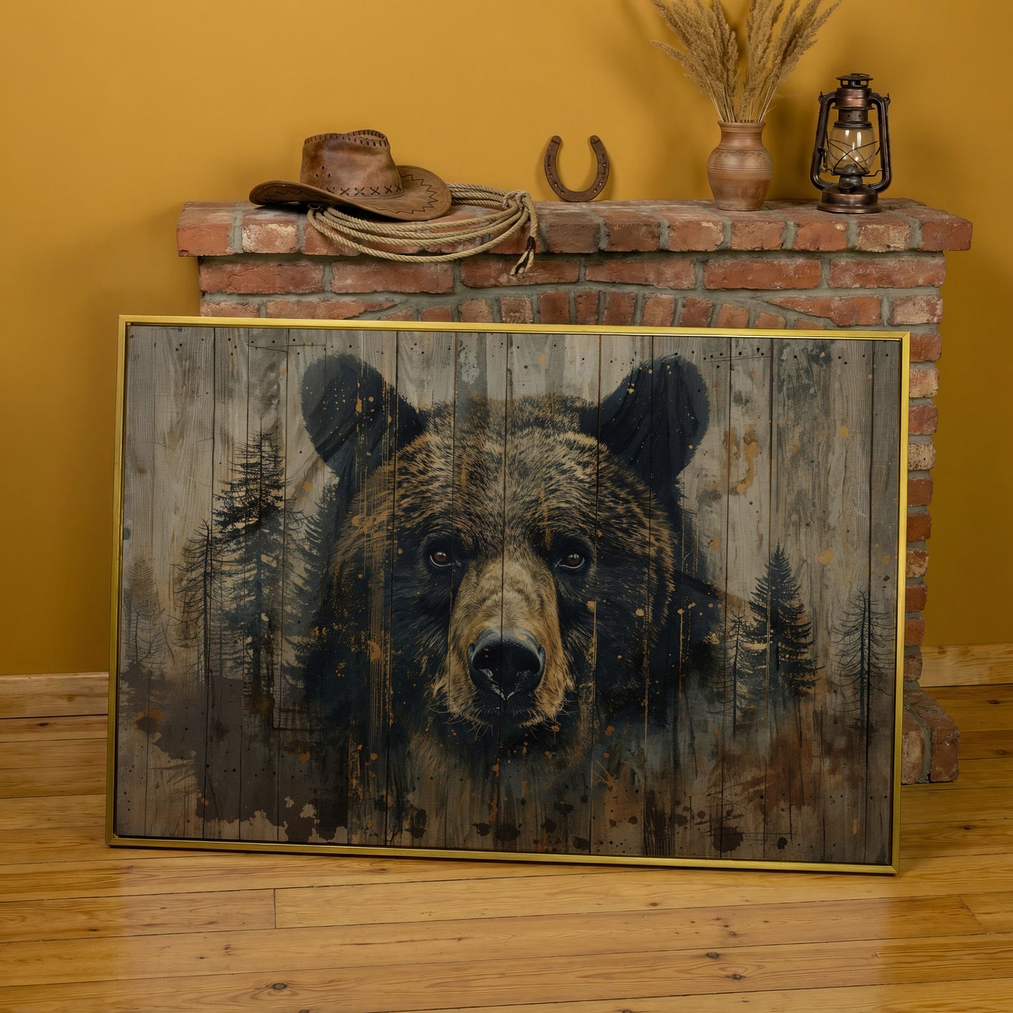 Forest Bear Portrait Canvas in yellow gold floating frame