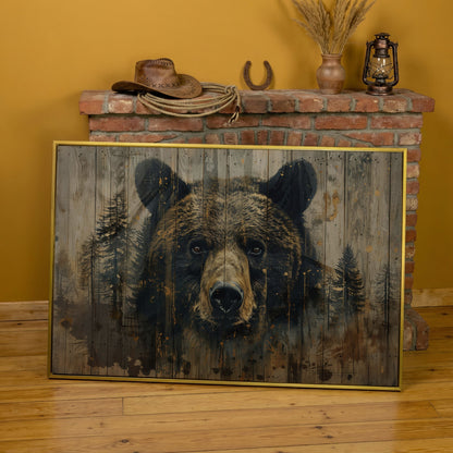 Forest Bear Portrait Canvas in yellow gold floating frame