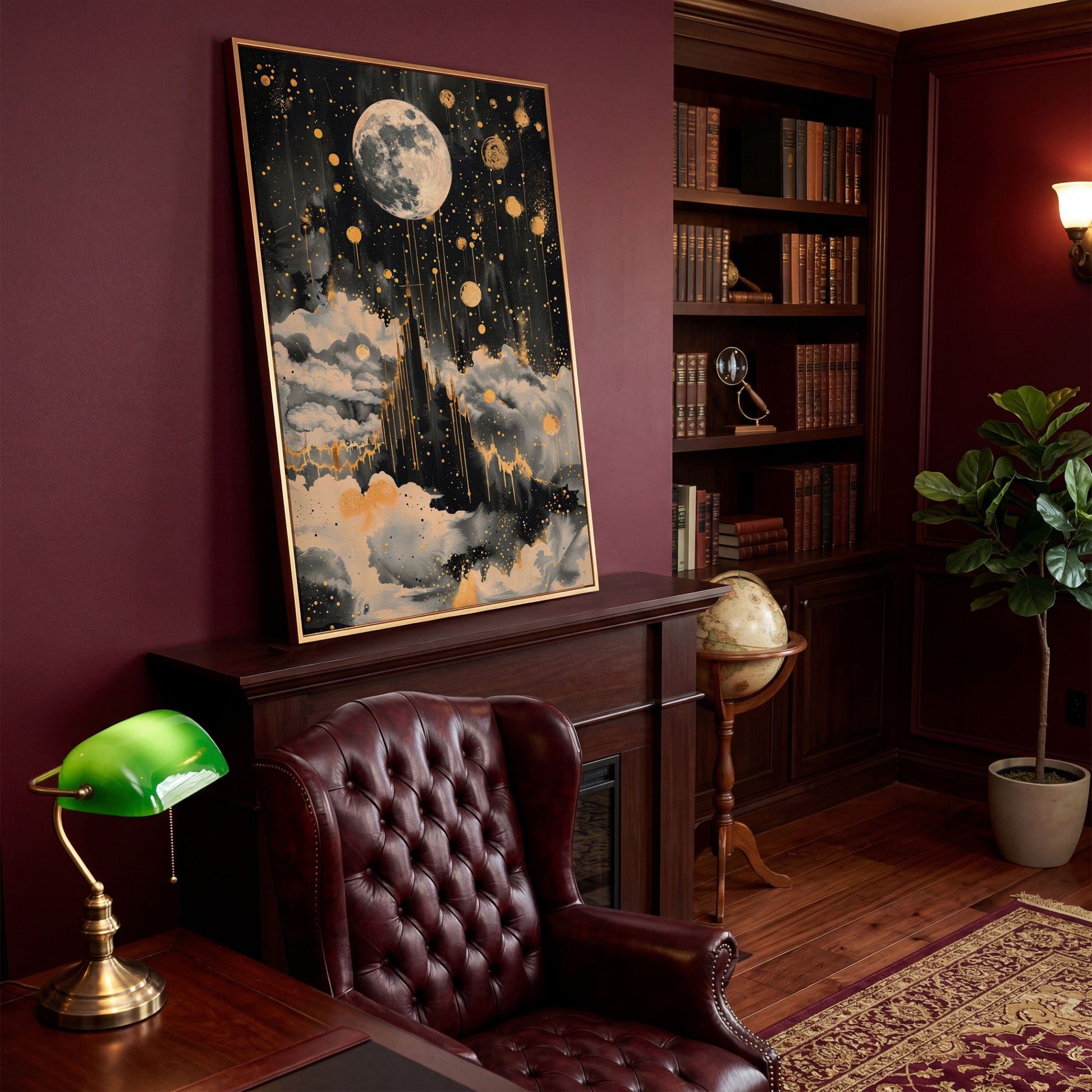 Celestial Moon Canvas Wall Art in Charcoal and Gold in antique gold floating frame