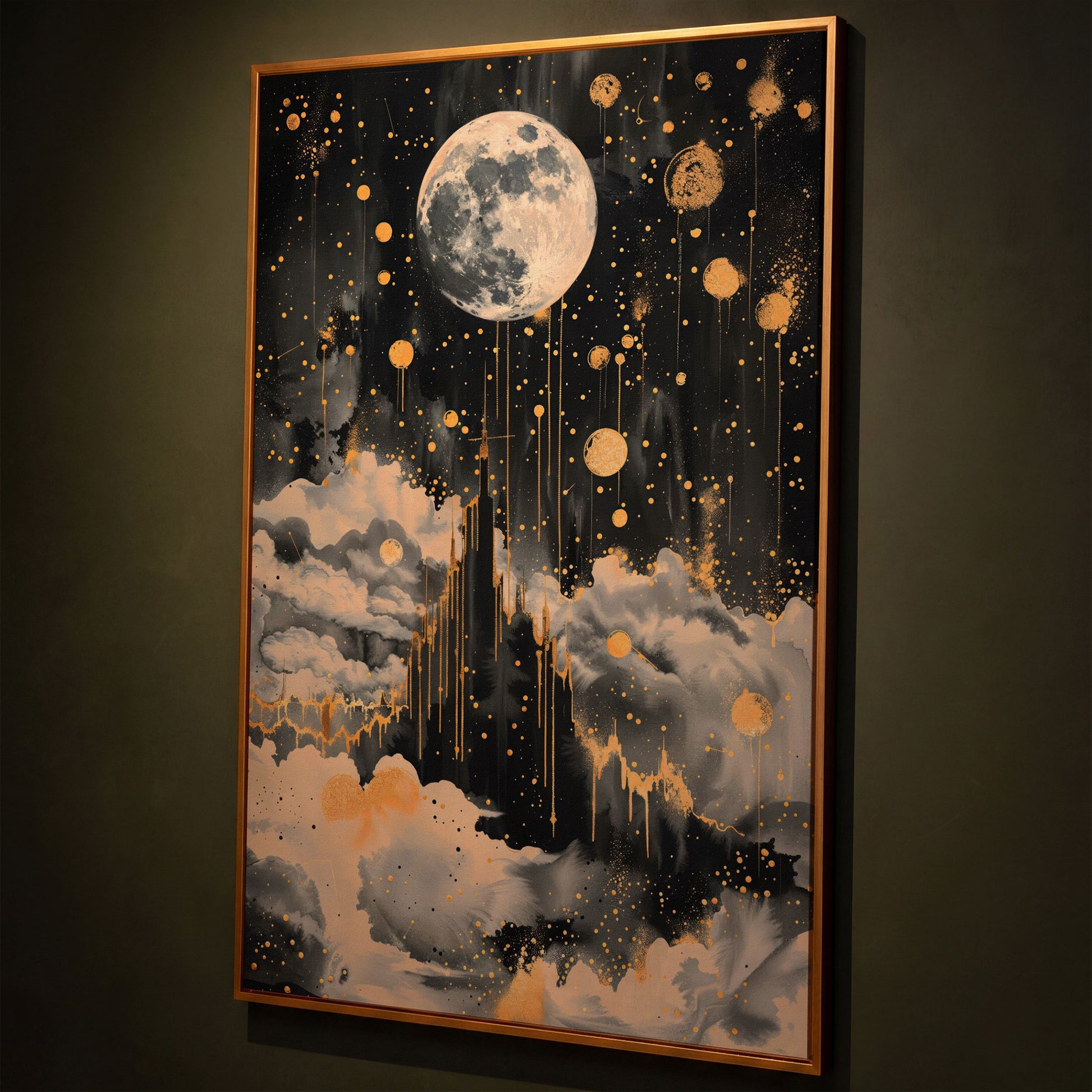 Celestial Moon Canvas Wall Art in Charcoal and Gold shown in antique gold floating frame