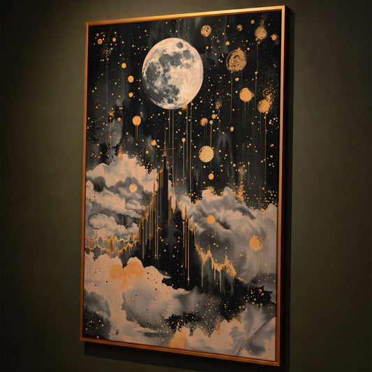 Celestial Moon Canvas Wall Art in Charcoal and Gold shown in antique gold floating frame
