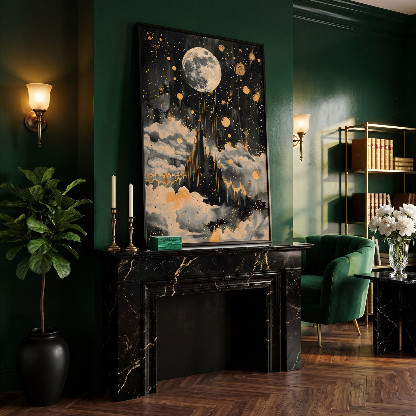 Celestial Moon Canvas Wall Art in Charcoal and Gold in black floating frame