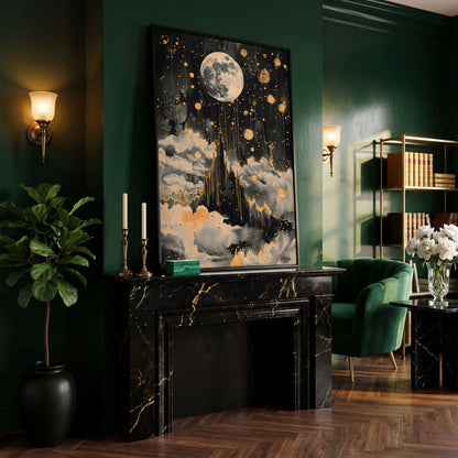 Celestial Moon Canvas Wall Art in Charcoal and Gold in black floating frame