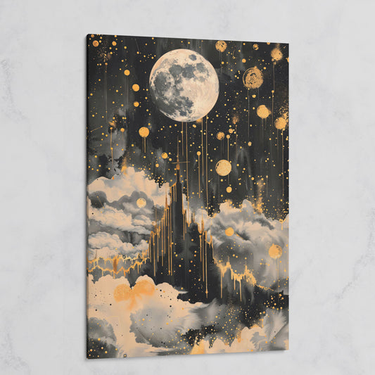 Celestial Moon Canvas Wall Art in Charcoal and Gold on gallery wrap