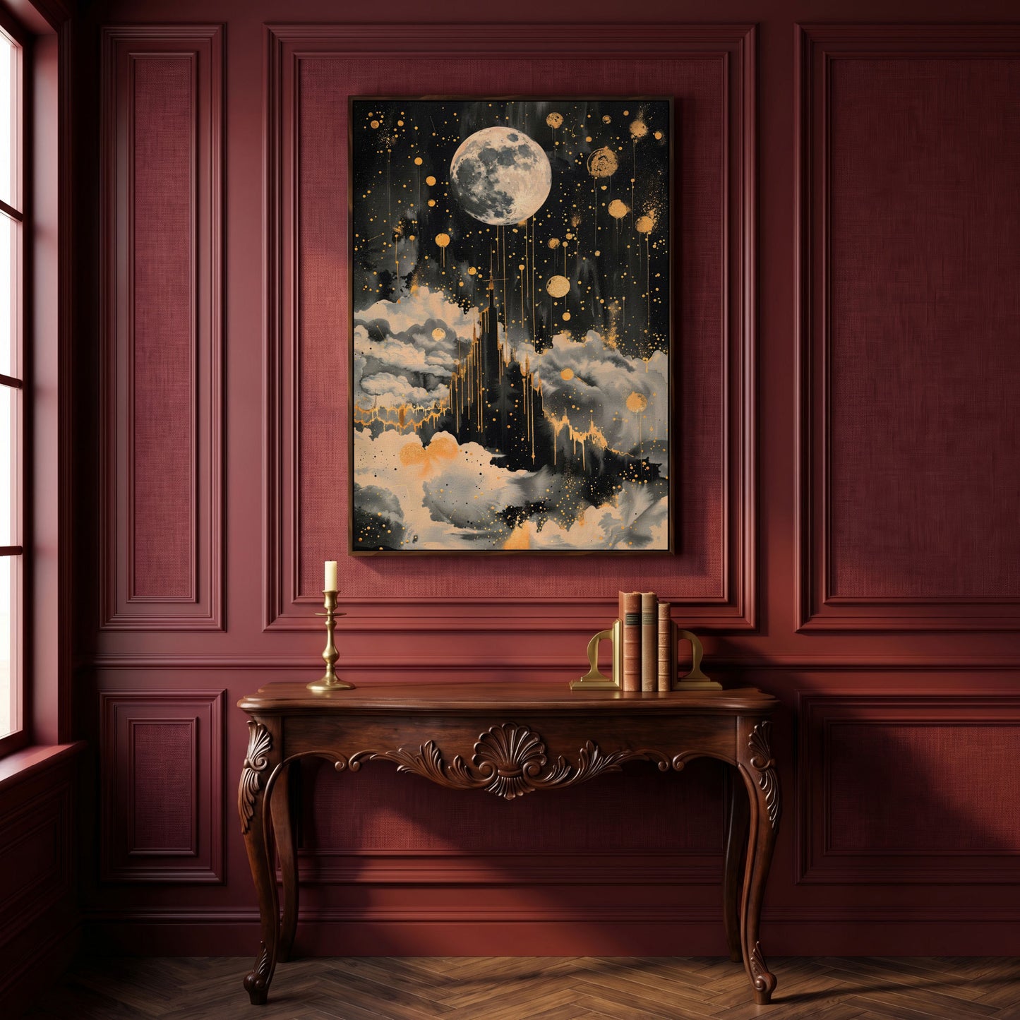 Celestial Moon Canvas Wall Art in Charcoal and Gold in dark walnut floating frame