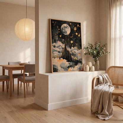 Celestial Moon Canvas Wall Art in Charcoal and Gold in white oak floating frame
