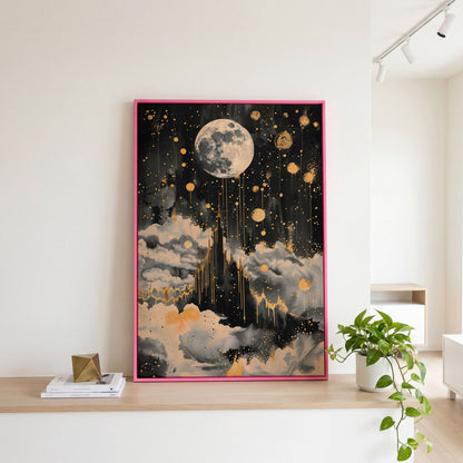 Celestial Moon Canvas Wall Art in Charcoal and Gold in pink floating frame