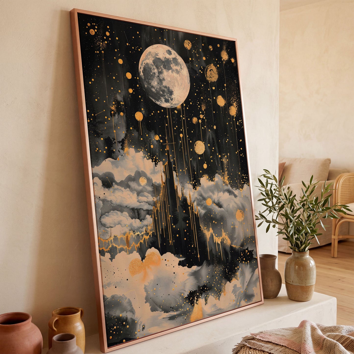 Celestial Moon Canvas Wall Art in Charcoal and Gold in rose gold floating frame
