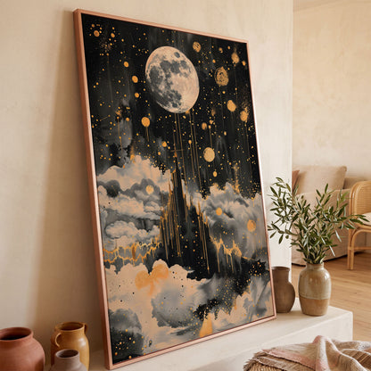 Celestial Moon Canvas Wall Art in Charcoal and Gold in rose gold floating frame