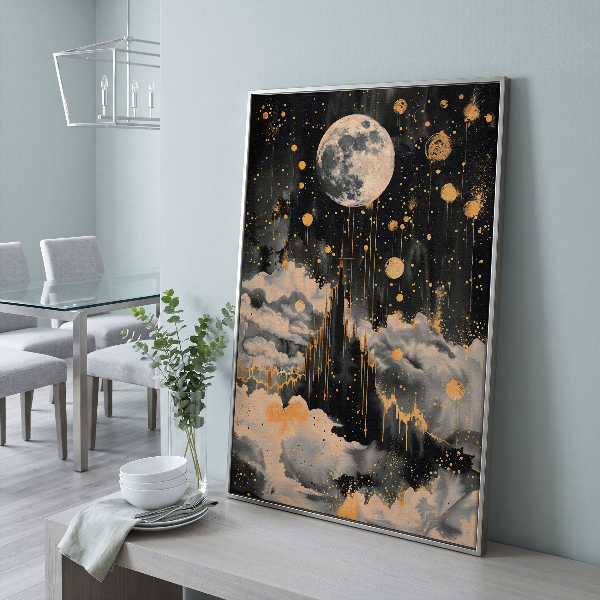 Celestial Moon Canvas Wall Art in Charcoal and Gold in silver floating frame