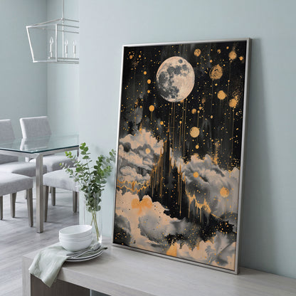 Celestial Moon Canvas Wall Art in Charcoal and Gold in silver floating frame