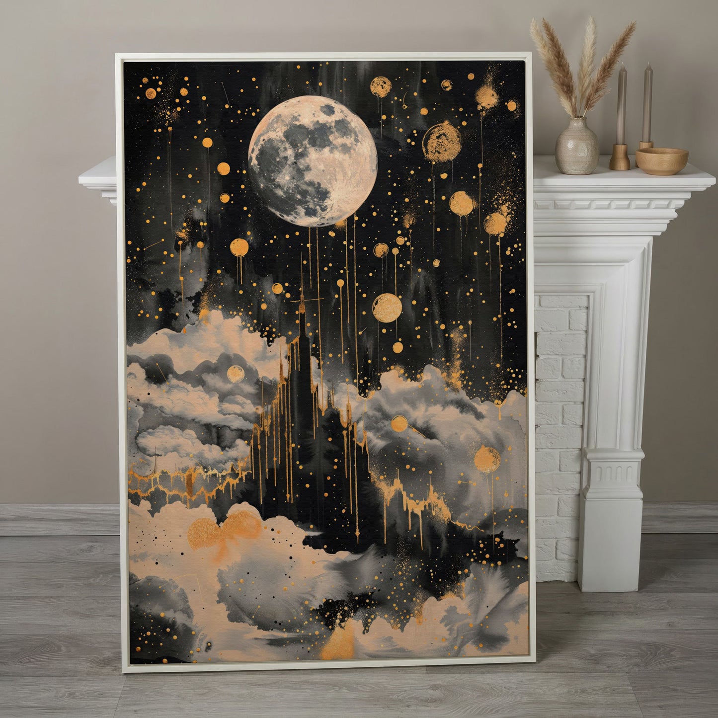 Celestial Moon Canvas Wall Art in Charcoal and Gold in white floating frame