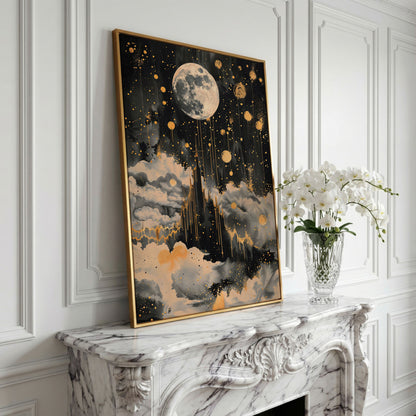 Celestial Moon Canvas Wall Art in Charcoal and Gold in yellow gold floating frame