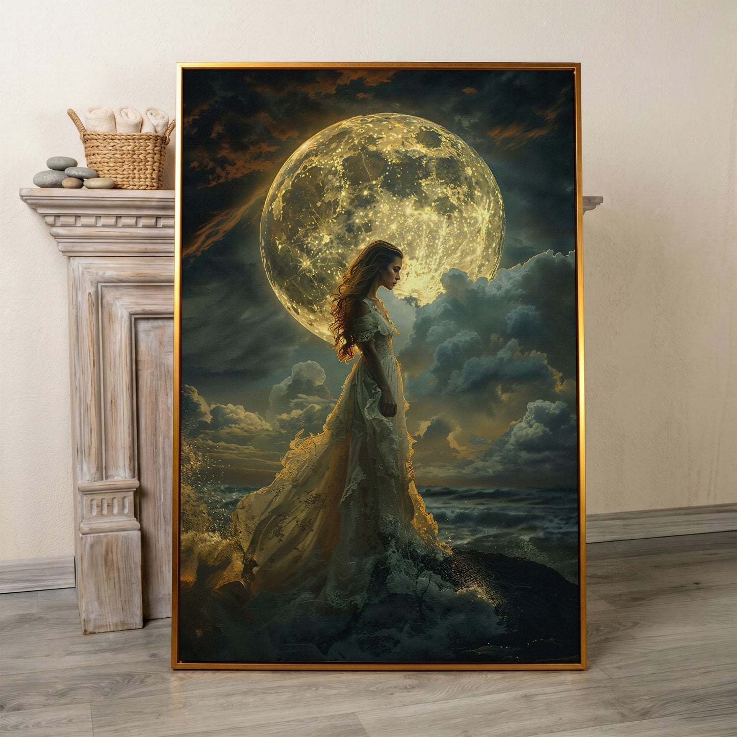 Woman & Full Moon Canvas Wall Art in antique gold floating frame