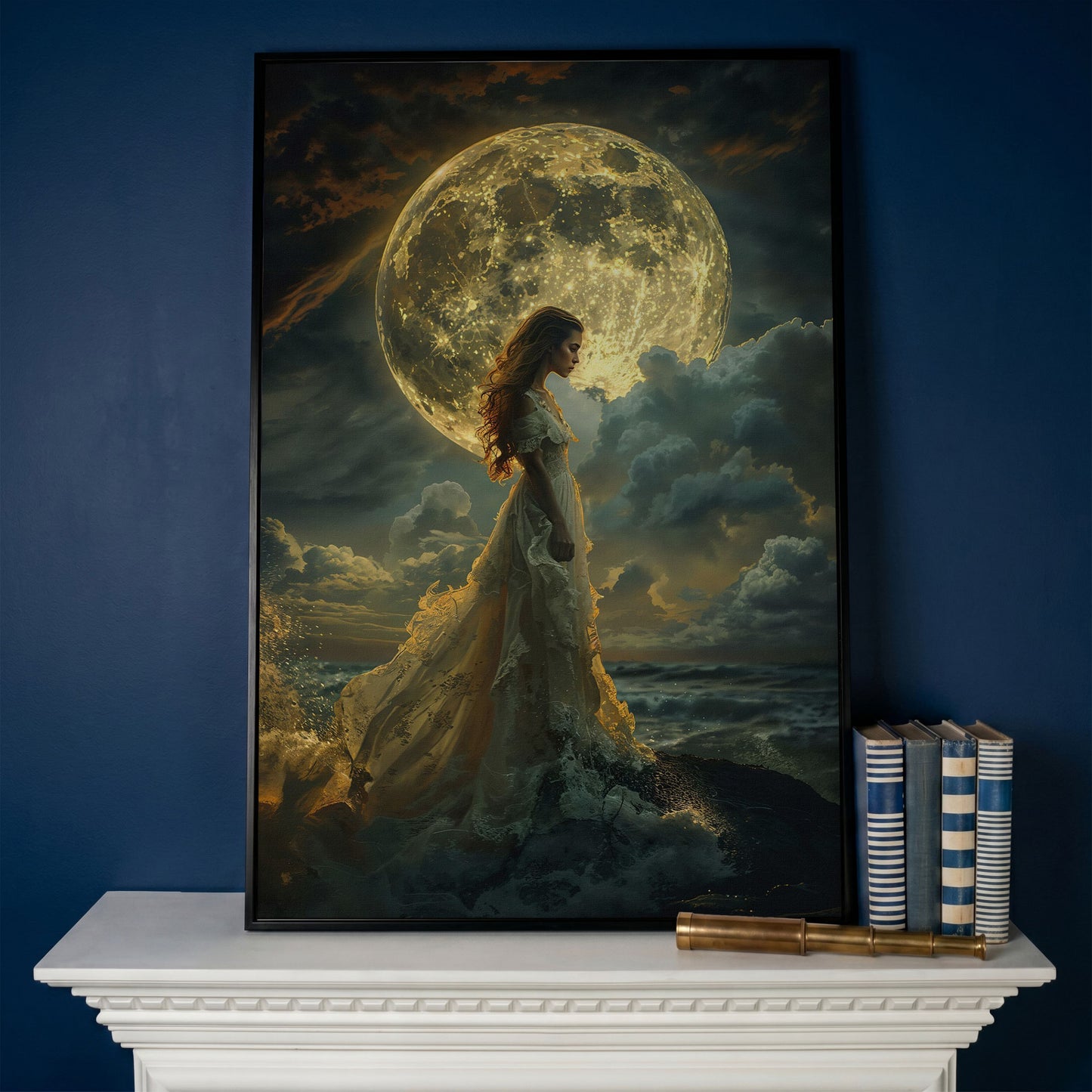 Woman & Full Moon Canvas Wall Art in black floating frame
