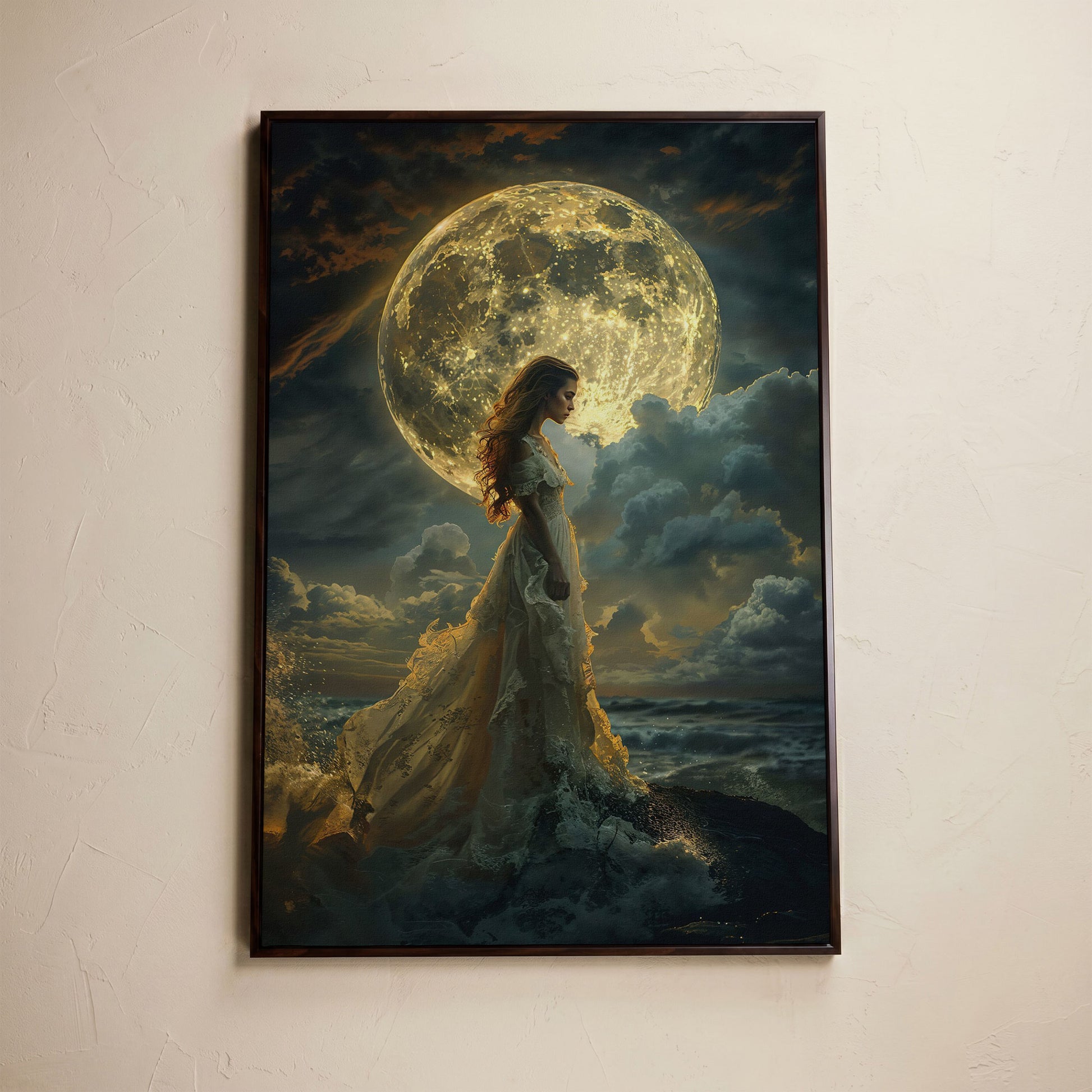 Woman & Full Moon Canvas Wall Art in dark walnut floating frame