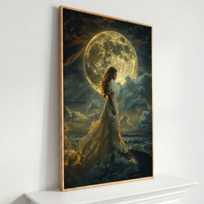 Woman & Full Moon Canvas Wall Art in white oak floating frame