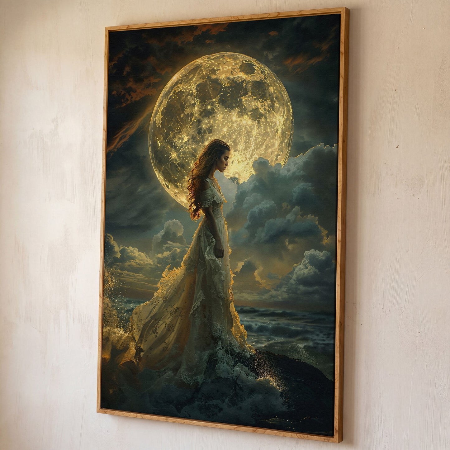 Woman & Full Moon Canvas Wall Art shown in white oak floating frame