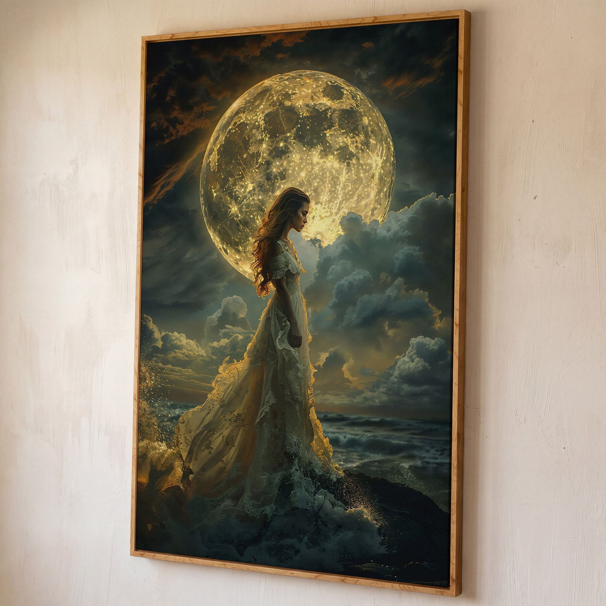Woman & Full Moon Canvas Wall Art shown in white oak floating frame