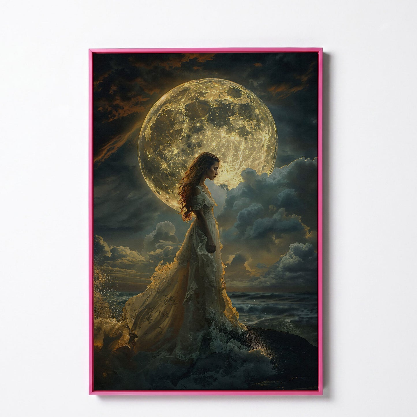Woman & Full Moon Canvas Wall Art in pink floating frame
