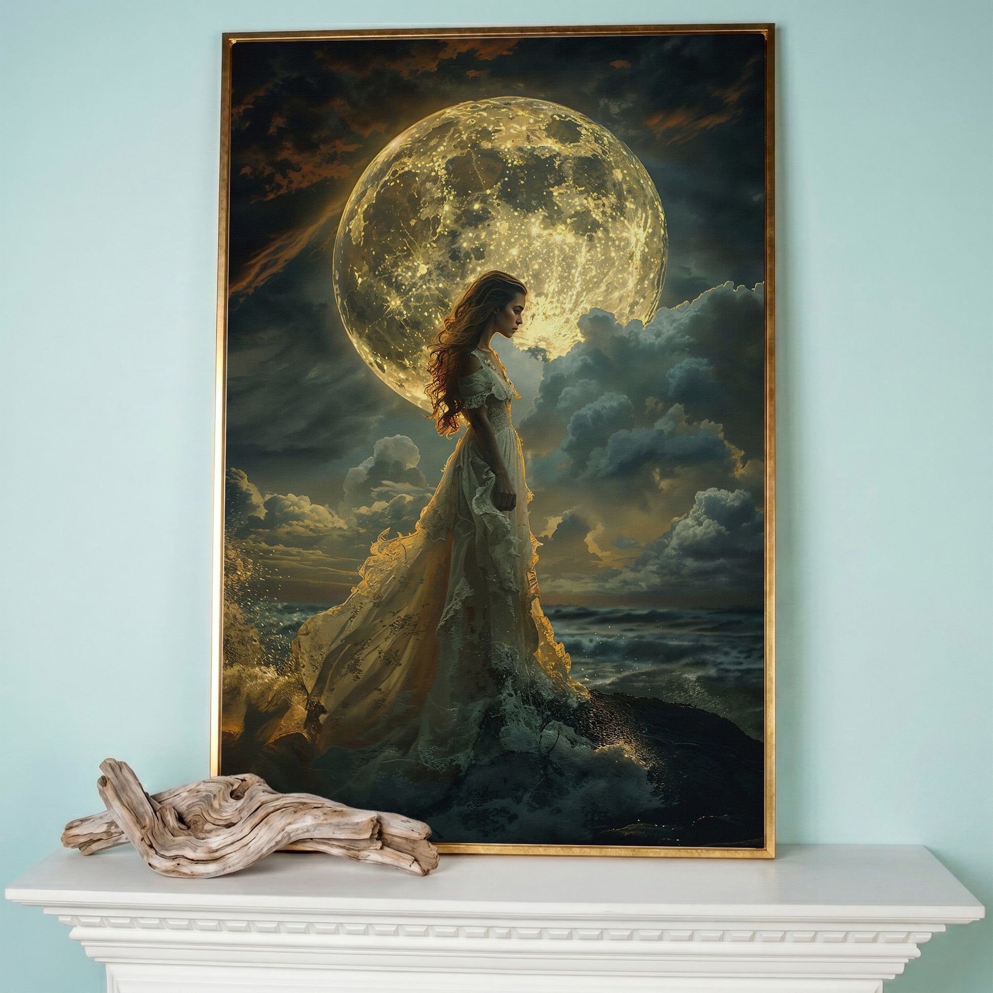 Woman & Full Moon Canvas Wall Art in rose gold floating frame
