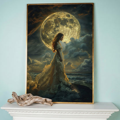 Woman & Full Moon Canvas Wall Art in rose gold floating frame