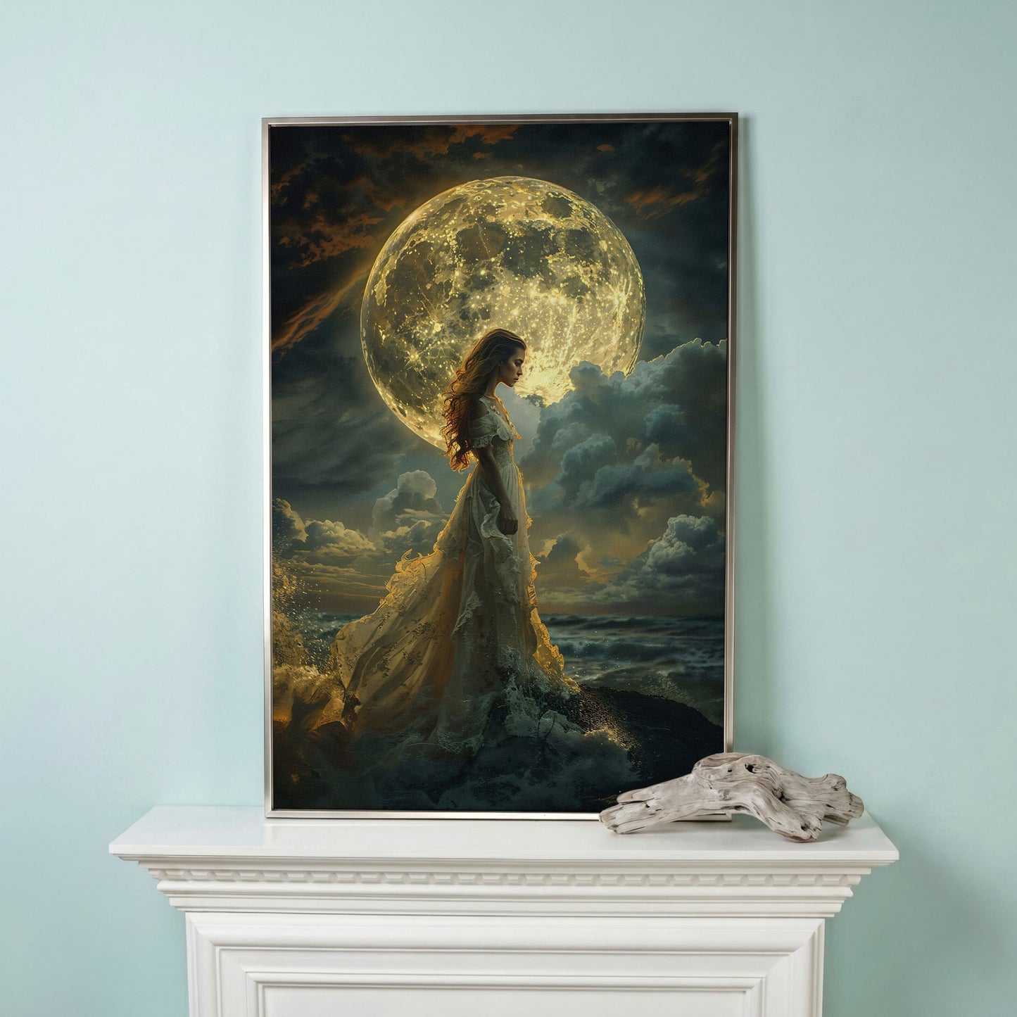 Woman & Full Moon Canvas Wall Art in silver floating frame