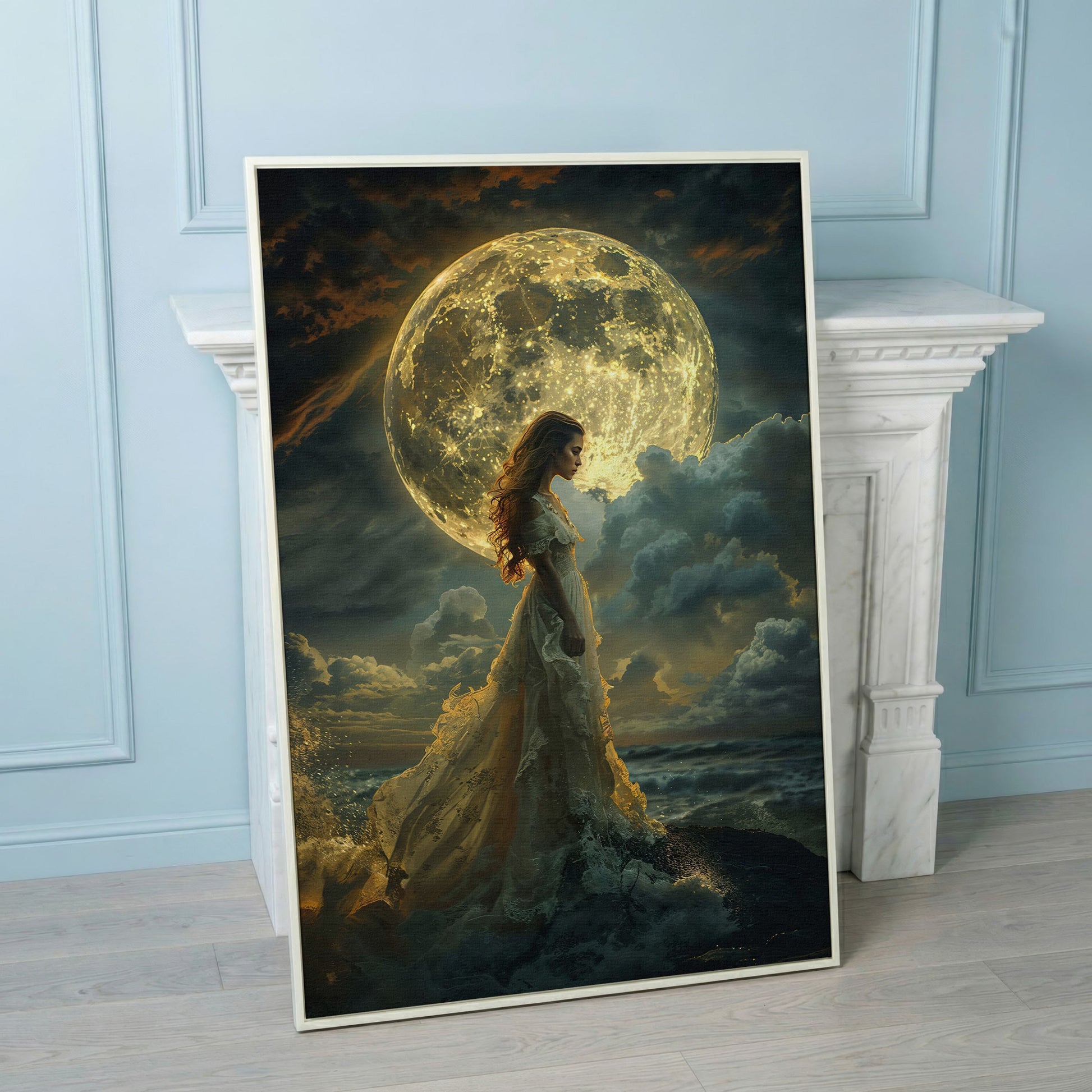 Woman & Full Moon Canvas Wall Art in white floating frame