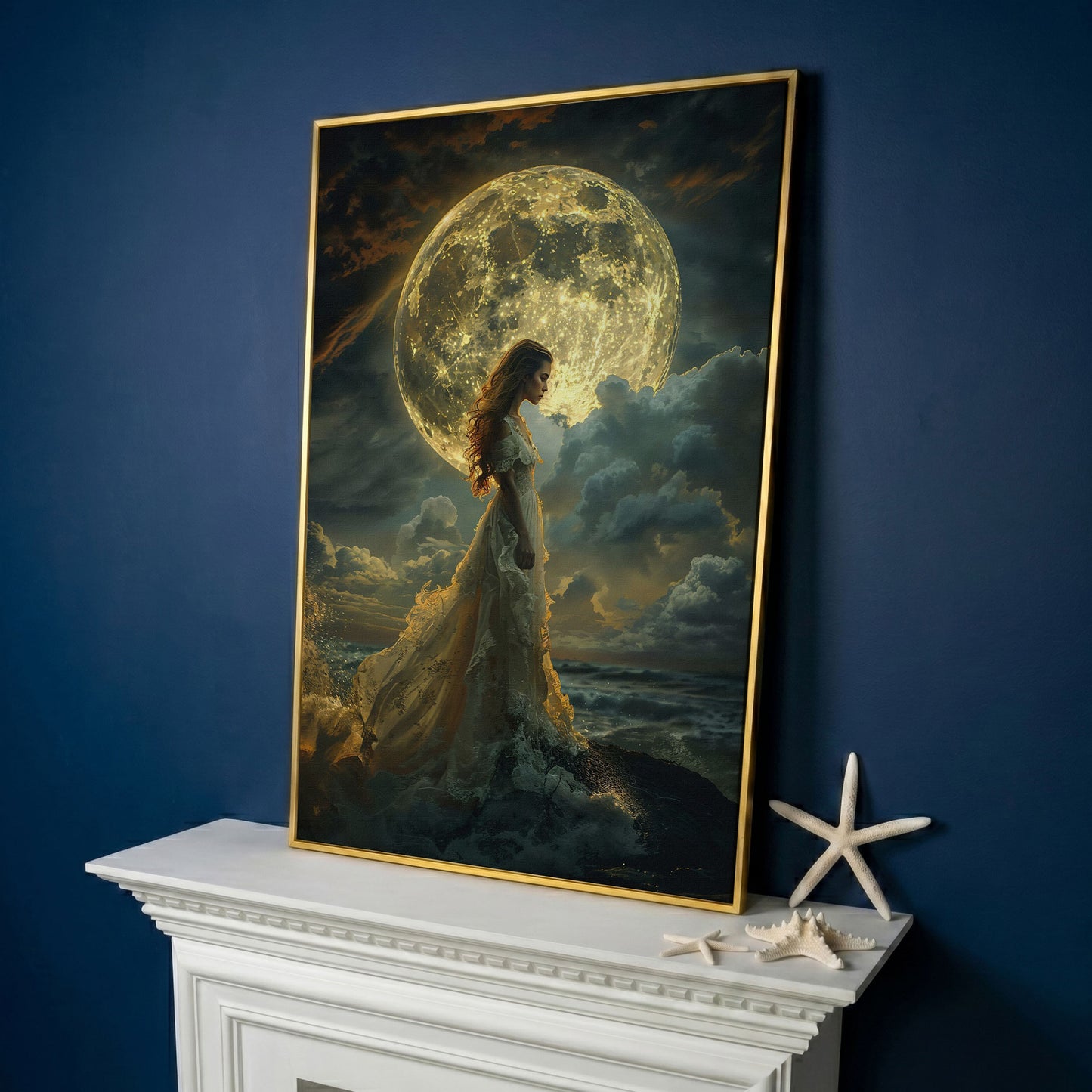 Woman & Full Moon Canvas Wall Art in yellow gold floating frame
