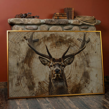 Deer Close-Up Canvas Print in Rustic Sepia in antique gold floating frame