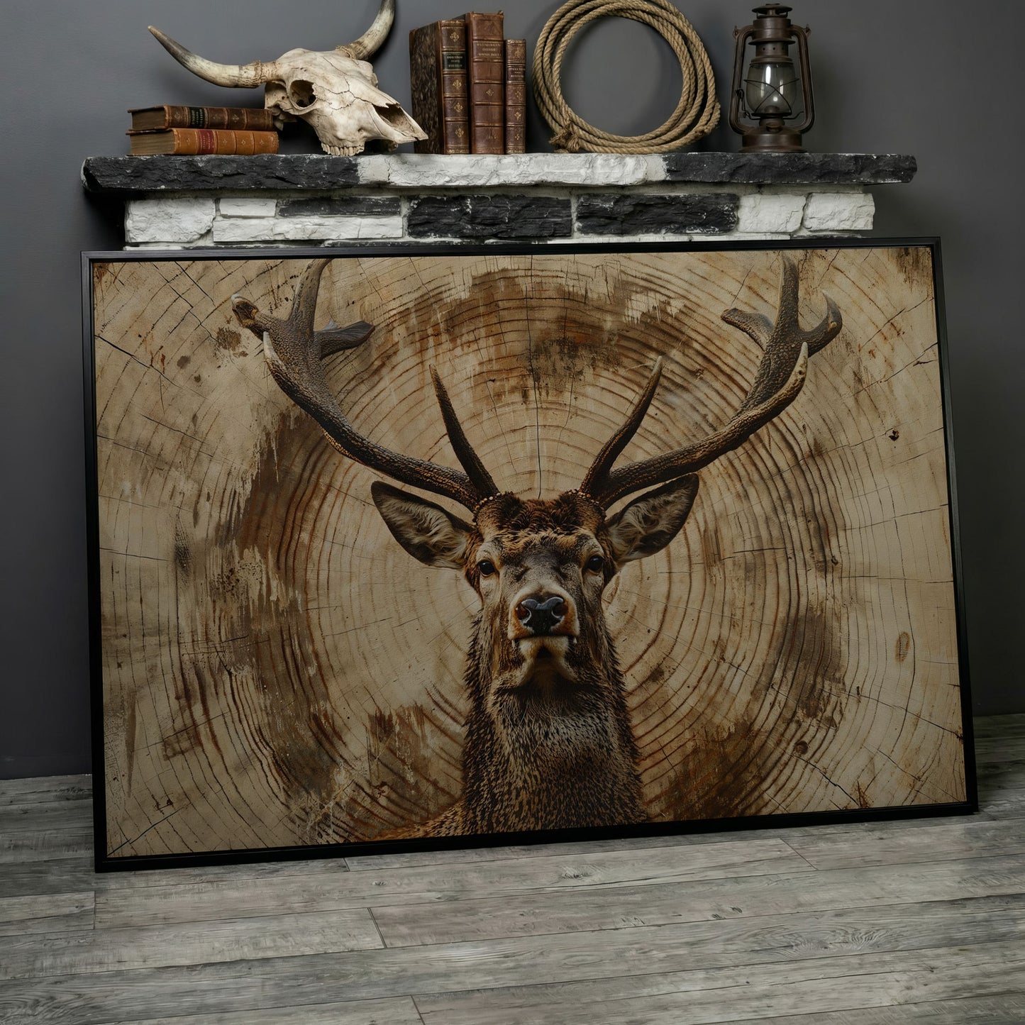Deer Close-Up Canvas Print in Rustic Sepia in black floating frame