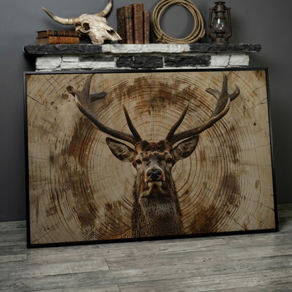 Deer Close-Up Canvas Print in Rustic Sepia in black floating frame