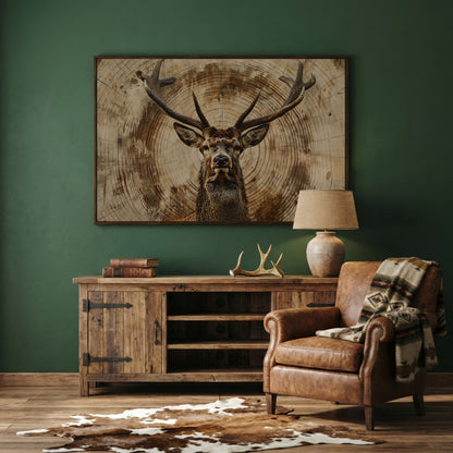 Deer Close-Up Canvas Print in Rustic Sepia in dark walnut floating frame