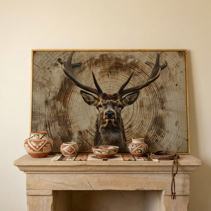 Deer Close-Up Canvas Print in Rustic Sepia in white oak floating frame