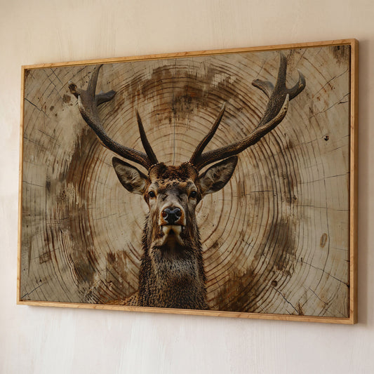 Deer Close-Up Canvas Print in Rustic Sepia shown in white oak floating frame