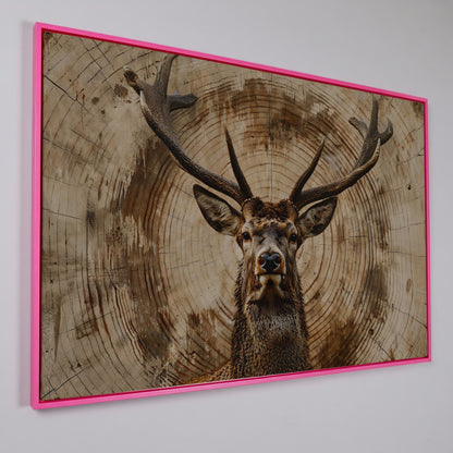Deer Close-Up Canvas Print in Rustic Sepia in pink floating frame