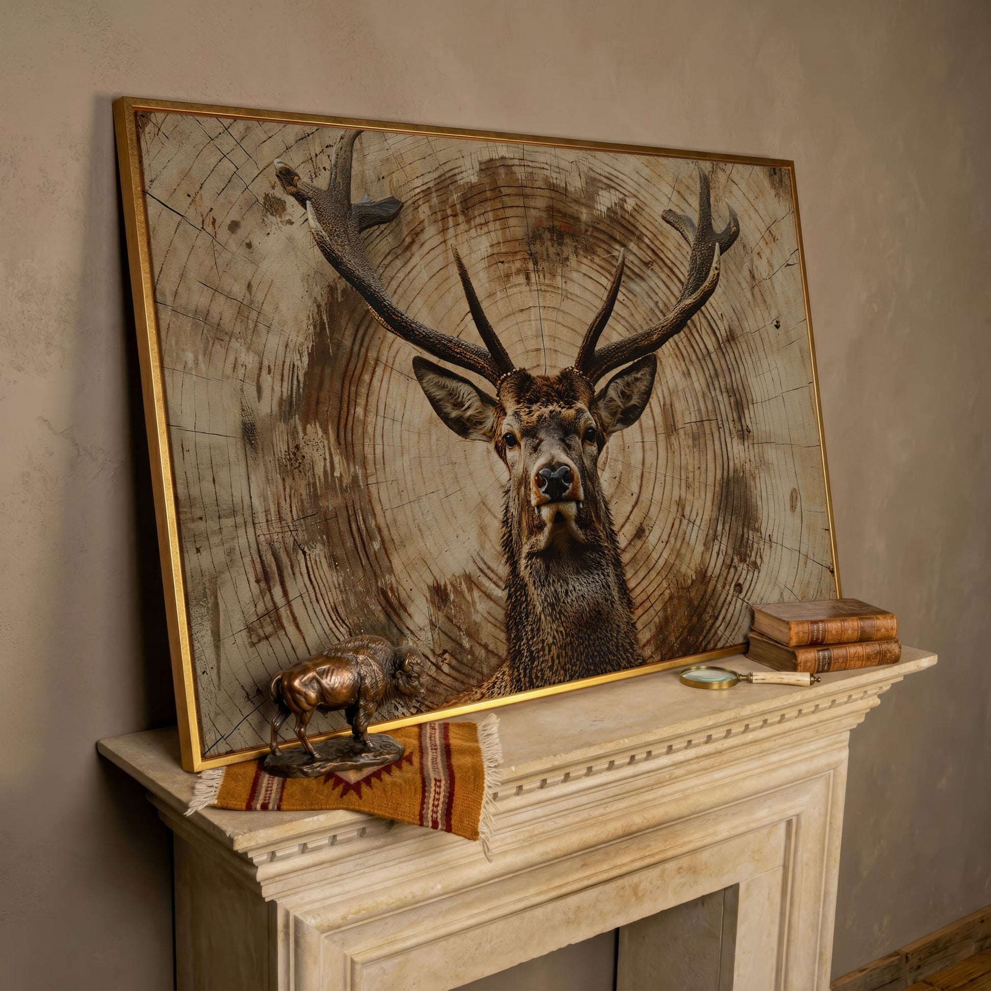 Deer Close-Up Canvas Print in Rustic Sepia in rose gold floating frame