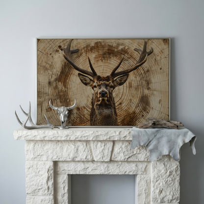 Deer Close-Up Canvas Print in Rustic Sepia in silver floating frame