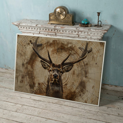 Deer Close-Up Canvas Print in Rustic Sepia in white floating frame