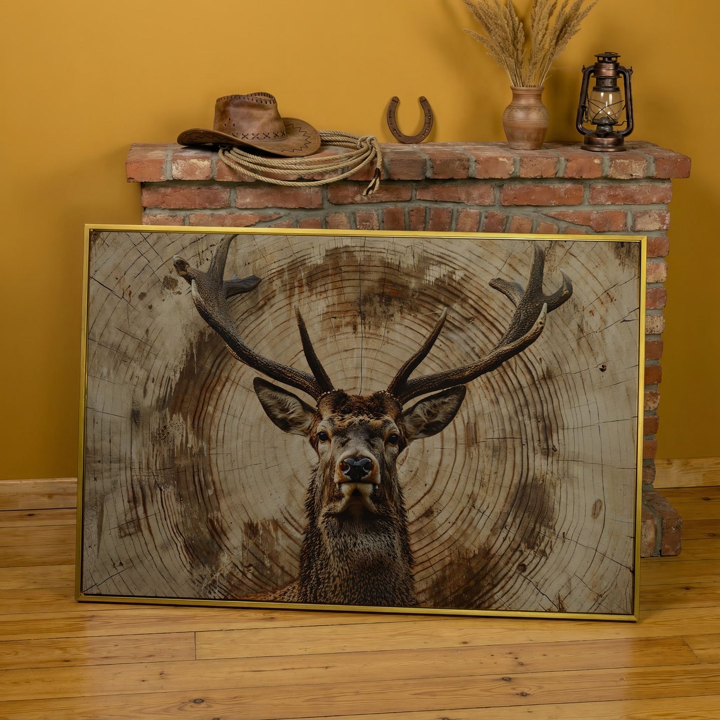 Deer Close-Up Canvas Print in Rustic Sepia in yellow gold floating frame