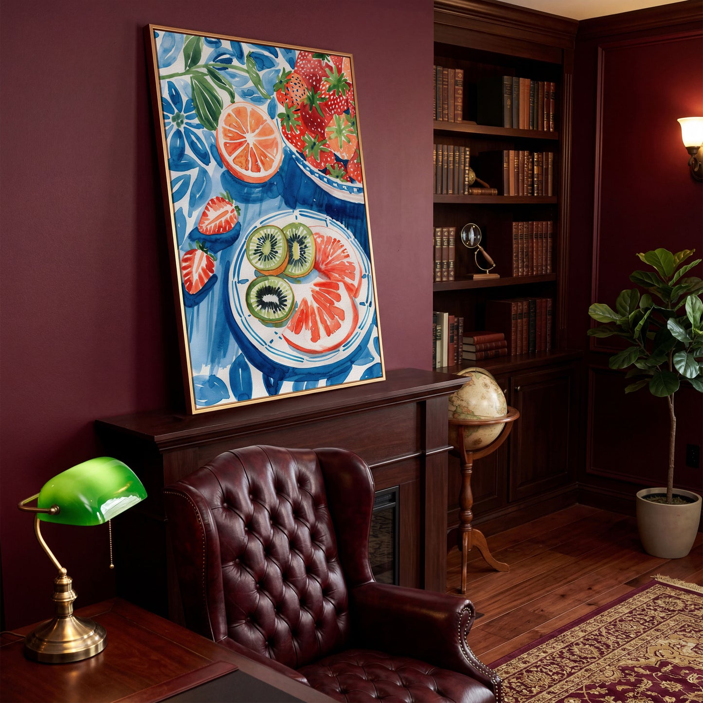 Vivid Fruits on Plates Canvas Print for Kitchen Walls in antique gold floating frame