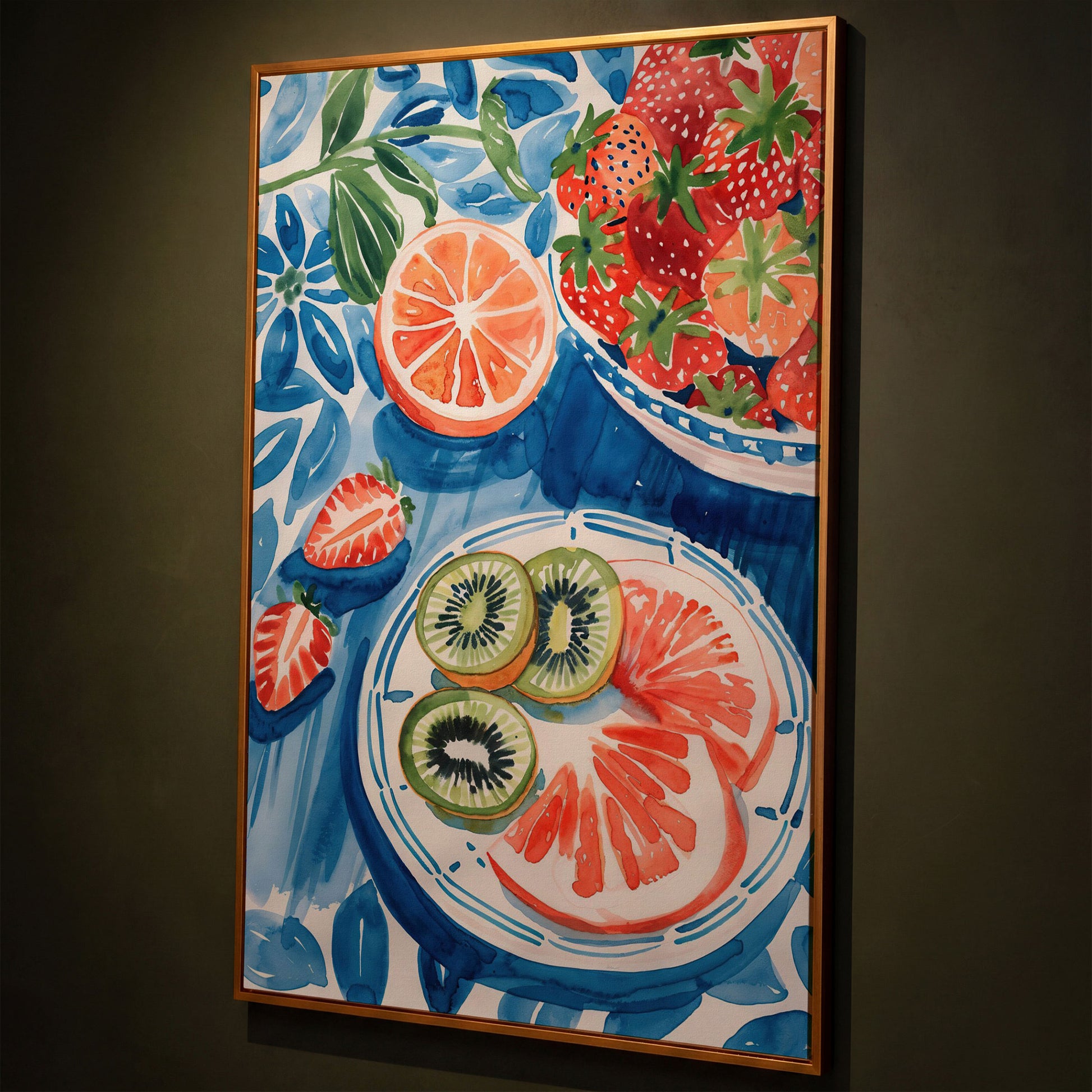 Vivid Fruits on Plates Canvas Print for Kitchen Walls shown in antique gold floating frame